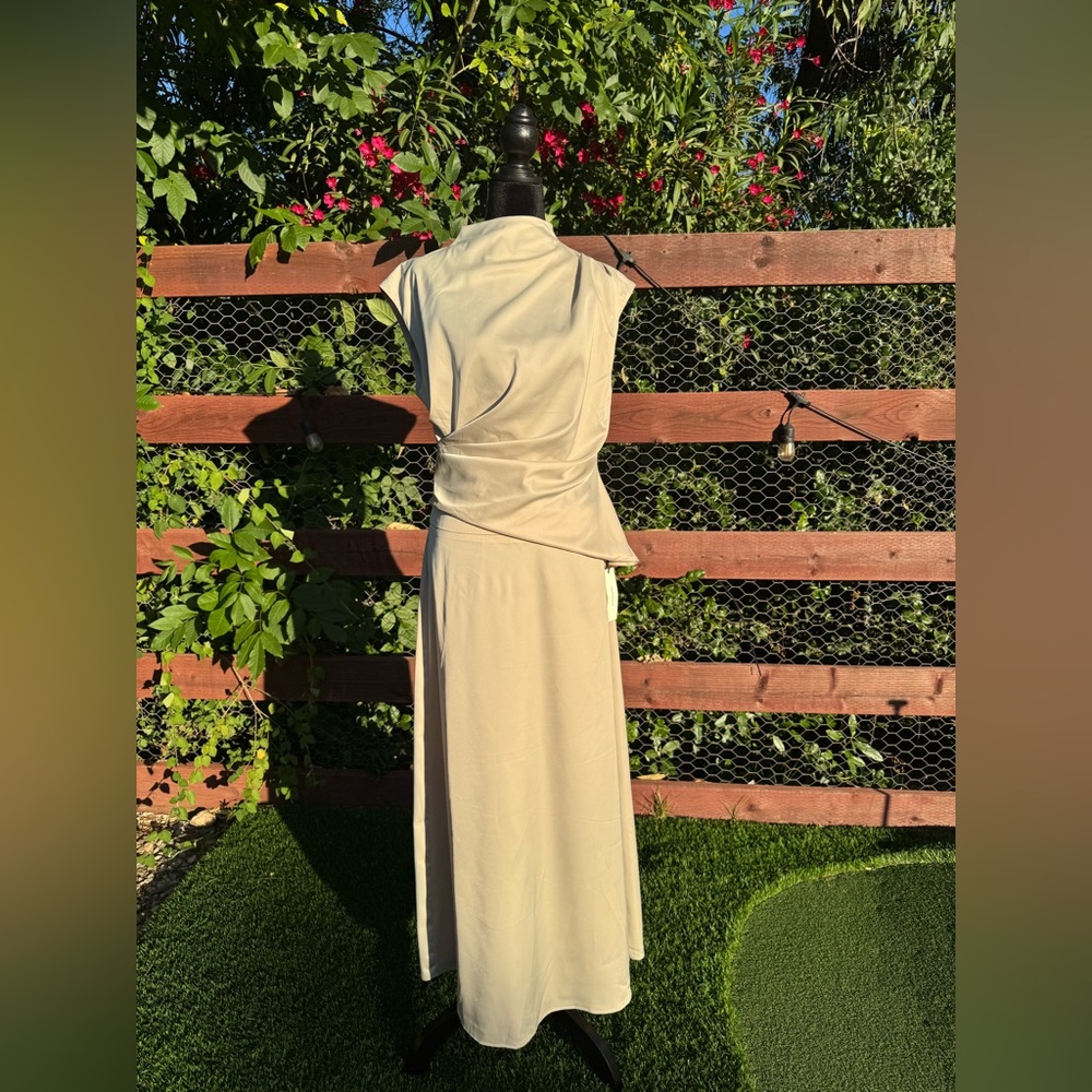 Sleeveless Satin Asymmetric Ruched Top & Midi Skirt